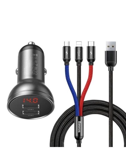 Baseus 24W Billader med Display og 3-i-1 USB-Kabel 1,2m