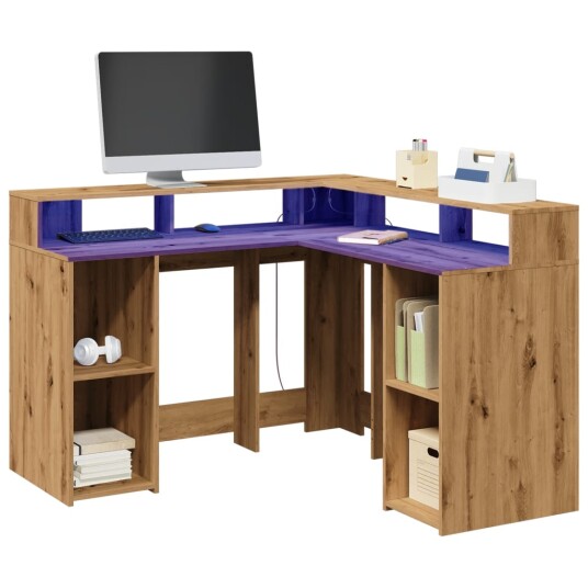 Skrivebord med LED-lys artisan eik 130x130x91 cm konstruert tre