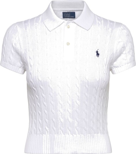 Polo Ralph Lauren Cable Knit Cotton Cropped Polo Shirt White L