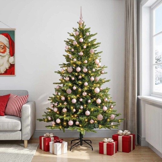 vidaXL Kunstig juletre med kuler 210 cm 300 LED-lys Varmhvit