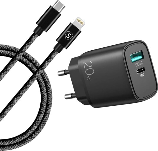 SiGN hurtiglader 20W for iPhone – USB + USB-C + Lightning-kabel Svart
