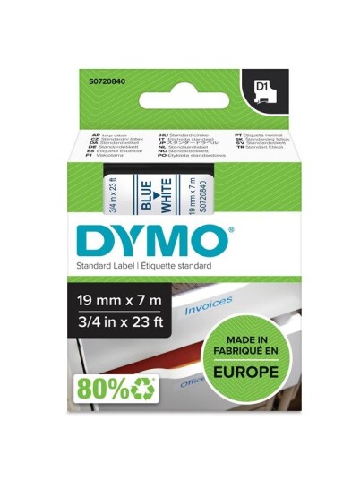 DYMO D1 tape, 19mm x 7m rulle, blå på hvid, selvklæbende tape til LabelManager printere, original