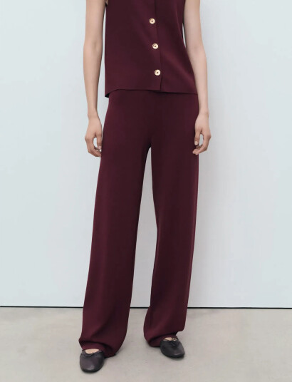 Mango Knitted Trousers With Elastic Waistband - Burgundy - XS