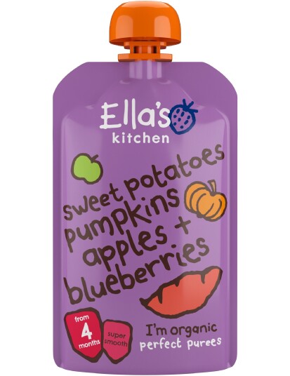 Ellas Kitchen Babymos Søtpotet, Gresskar, Eple & Blåbær 120gram Ellas Kitchen Babymos Søtpotet, Gresskar, Eple & Blåbær 120gram