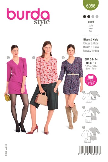 Burda 6086 - Kjole & Bluse EUR: 34-44, US: 8-18