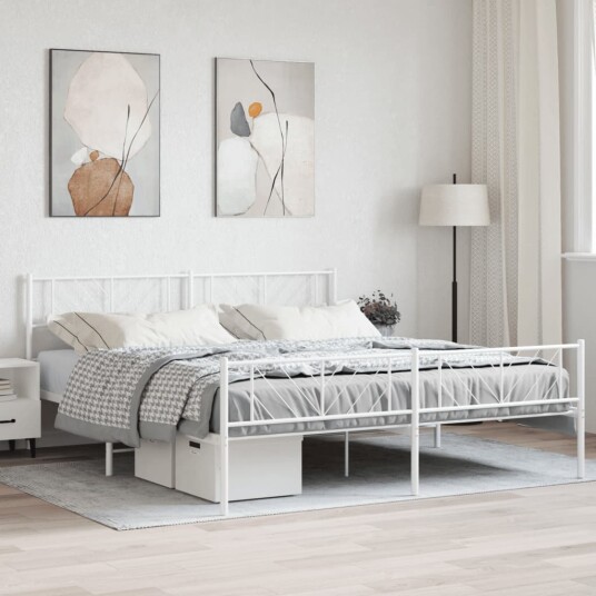 vidaXL Sengeramme i metall med hode- og fotgavl hvit 200x200 cm 8721012190320
