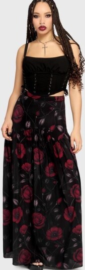 Killstar Goth Langt skjørt Mourning Muse Fawnelle Skirt S til 3XL Damer svart rød