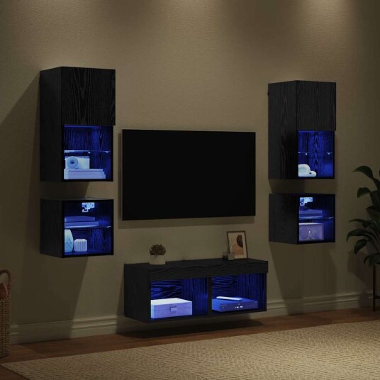 TV Vegg Enheter 8 pcs Svart Eik Konstruert tre TV Vegg Enheter 8 pcs Svart Eik Konstruert tre