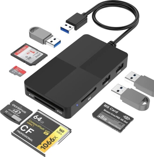 Nördic 8-i-1 USB-A minnekortleser 5 spor CF SD MicroSD MS XD 3x USB-A 3.0 UHS-I 5 Gbps