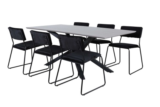 Venture Design Piazza & Kenth spisegruppe Svart/svart 6 stoler & bord 180 x 90 cm