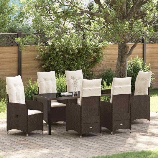 7 Delers Hage Spisesett med Puter Brun Poly Rattan