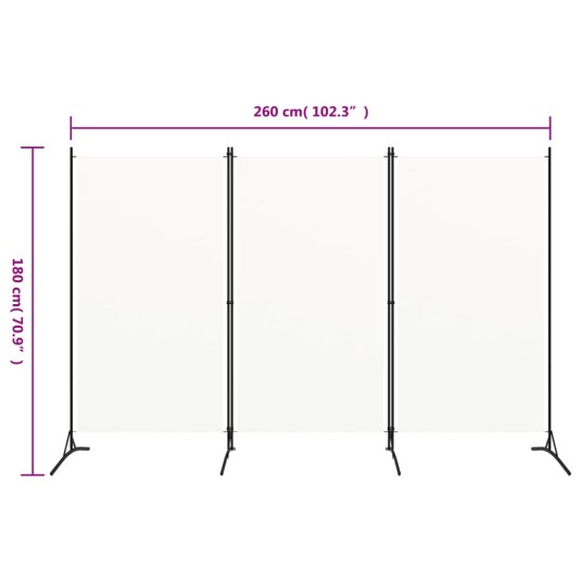 vidaXL Romdeler 3 paneler kremhvit 260x180 cm