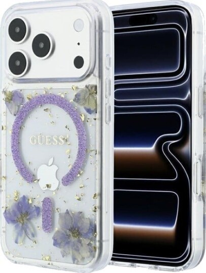 GUESS Resin Flowers Glitter MagSafe Case for iPhone 18 Pro / 17 Pro - Purple