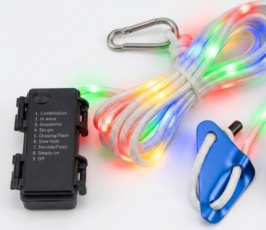 5m hvitt tau med RGB lys Med karabinkrok maks. 80kg belastning
