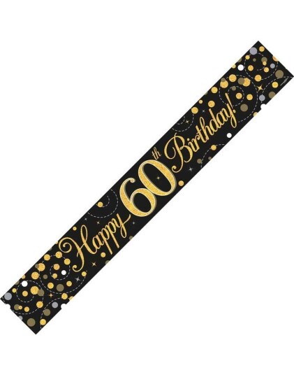 Happy 60th Birthday 2,7 Meter Svart og Gullfarget Holografisk Banner