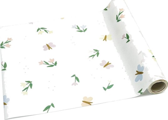 Hvit Bordløper med Blomster og Sommerfuglmotiv 40 cm x 5 meter