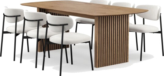 Richeto spisebord 210 cm med 6 Lucy spisestoler - Naturlig finish / hvit bouclé / metallben svart