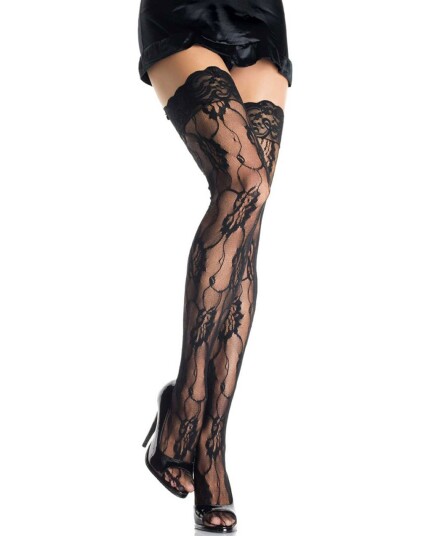 Rose Lace Svarte Strømper med Blondekant