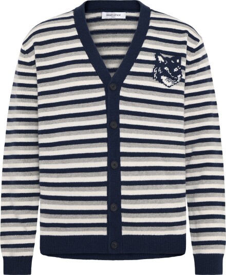 Maison Kitsune Fox Head Intarsia Striped Comfort Cardigan Navy S