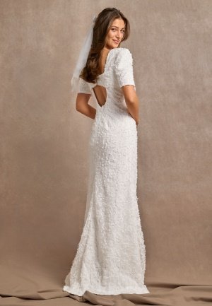 Bubbleroom Occasion Short Sleeve 3D Floral Wedding Gown White 34
