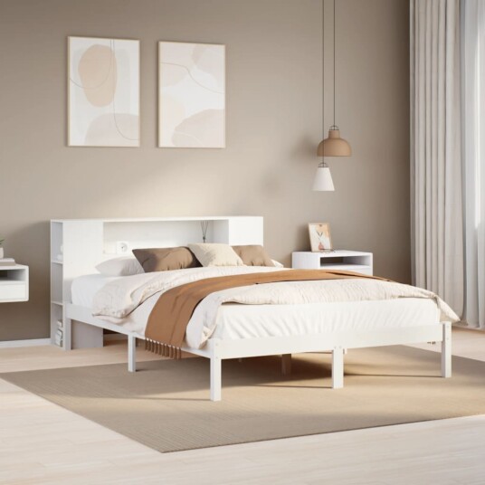  Seng med bokhylle uten madrass hvit 135x190 cm heltre furu 8721158603227