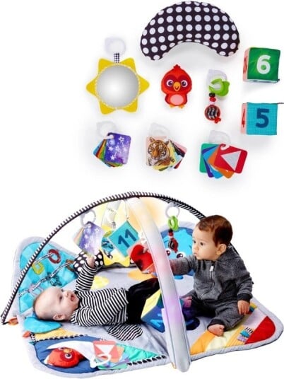 Baby Einstein Sensory Play Space sansematte og aktivitetsgym med lys og lyd med støttepute til mageleie-trening