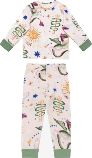 Chelsea Peers Kids Organic Cotton Mythical Dragon Print Long Pyjama Set   OFF WHITE   5 6