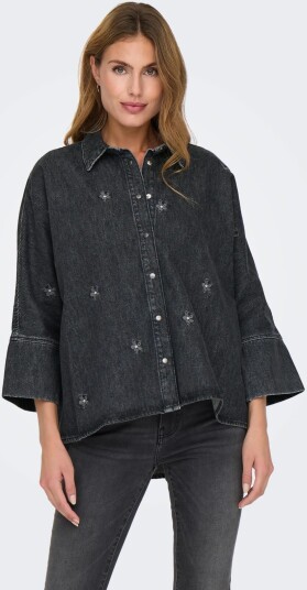 ONLY Onlgrace 3/4 Flower Emb Dnm Shirt Cro   Black   L