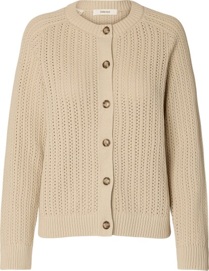 Selected Slwolga Ls Knit Struc O Neck Cardigan Cream XXL