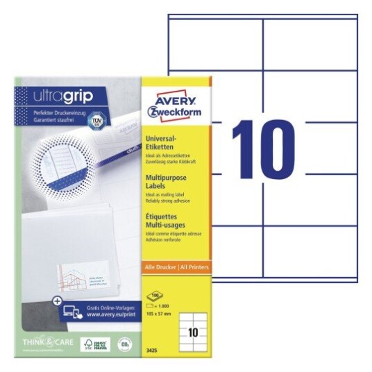 Avery Multipurpose etikett for generell bruk Ultragrip hvit 105 X 57 modell 3425 Avery Multipurpose etikett for generell bruk Ultragrip hvit 105 X 57 modell 3425