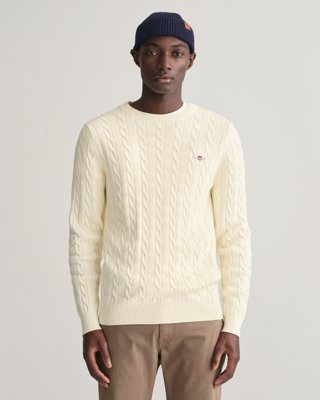 Gant Kabelstrikket genser i bomull med rund hals CREAM XL Gant Kabelstrikket genser i bomull med rund hals CREAM XL