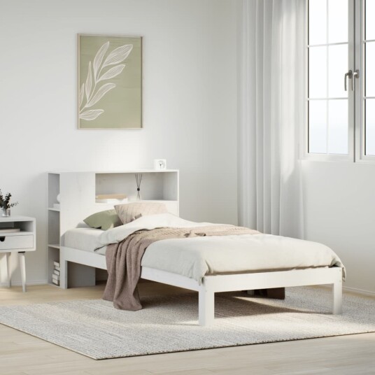 Seng med bokhylle uten madrass hvit 75x190 cm heltre furu 3322535