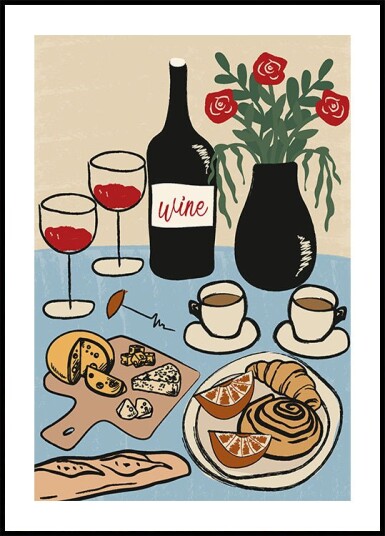 Dinner Table French Wine and Cheese Setting Plakat Plakat / 100x150cm
