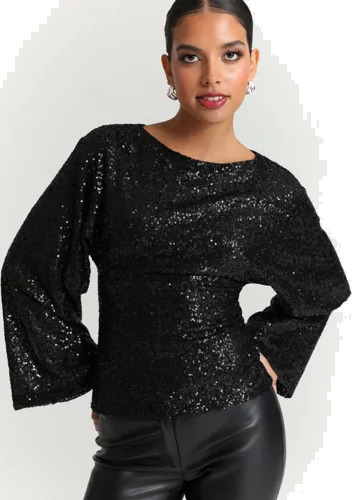 Nelly Svart Glitter Volume Sleeve Top