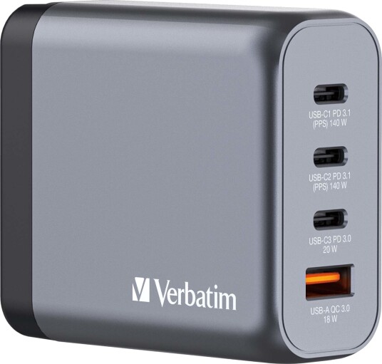 Verbatim GNC-140 140W GaN Lader med 4 Porter USB-A/USB-C Svart Verbatim GNC-140 140W GaN Lader med 4 Porter USB-A/USB-C Svart
