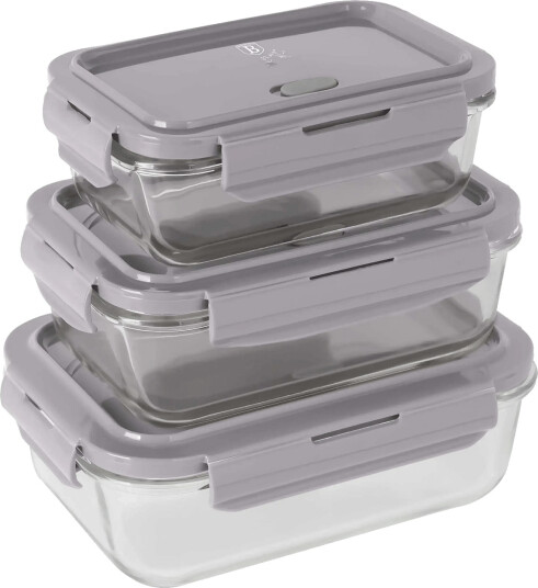 Berlingerhaus 3 Pcs Glass Food Container Set Taupe   Grey   570ML|840ML|1180ML
