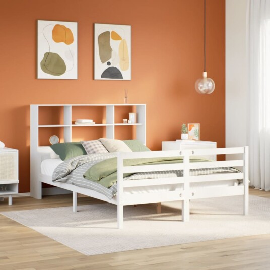 Seng med bokhylle uten madrass hvit 135x190 cm heltre furu 8721158610157