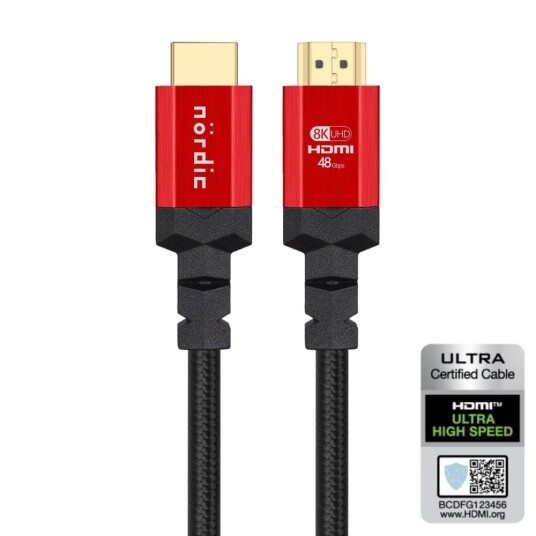 NÖRDIC CERTIFIED CABLES 2M HDMI 2.1 Ultra High Speed 8K 60Hz 4K 120Hz 48Gbps Dynamic HDR Earc Game Mode VRR Dolby Atmos Nylon Flettet Forgylt
