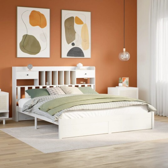 Seng med bokhylle uten madrass hvit 200x200 cm heltre furu 8721158612151