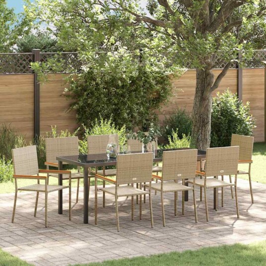 9-delt Hage Spisestue Sett Beige Poly Rattan