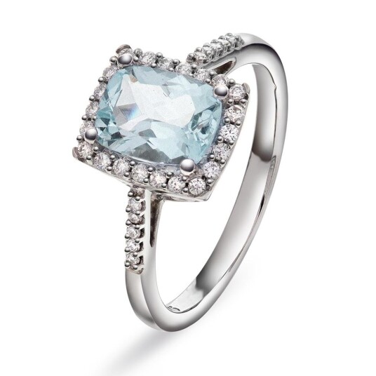 Jacqueline ring i 375 hvitt gull med akvamarine og diamanter størrelse 60