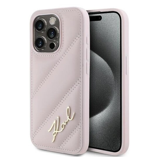 Karl Lagerfeld iPhone 15 Pro Max Hardcase Rosa Diagonal Quiltet Script