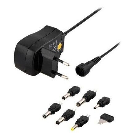 Deltaco 230V Strømadapter 3-12V DC 600mAh med Utbyttbare Kontakter Deltaco 230V Strømadapter 3-12V DC 600mAh med Utbyttbare Kontakter