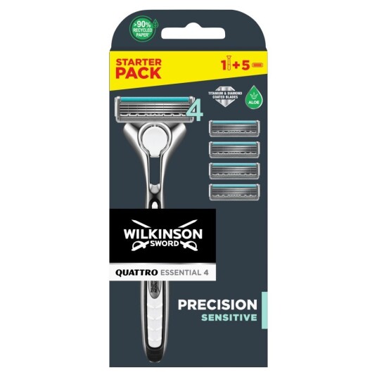 Wilkinson_Set Sword Quattro Titanium Sensitive Barberhøvel Med Utskiftbare Blad 1 Stk + Utskiftbare Blader 4 Stk