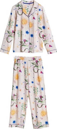 Chelsea Peers Organic Cotton Mythical Dragon Print Long Pyjama Set   OFF WHITE   6