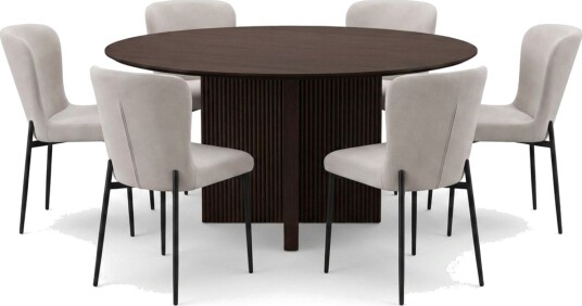 Edda spisegruppe rund 150 cm røkt eik med 6 Elsie spisestoler Røkt eik/beige