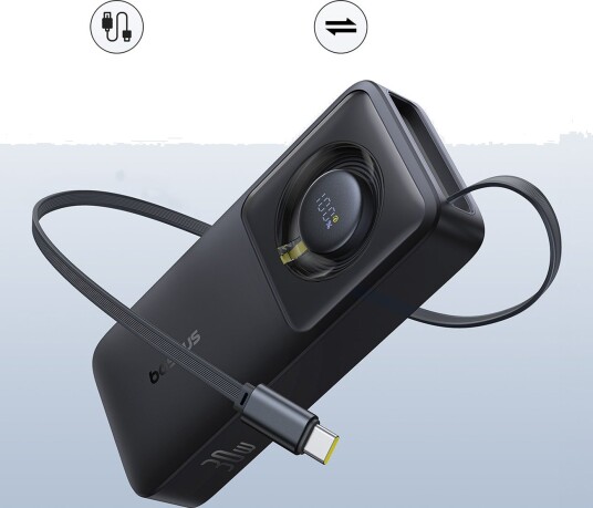 Baseus 10000mAh Free2pull Powerbank med 30W USB-C og Uttrekkbar Kabel - Svart