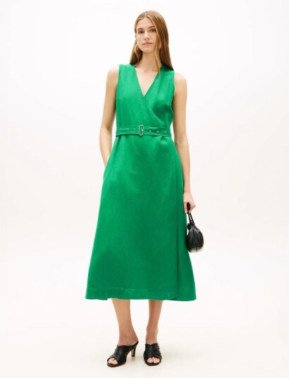 Tommy Hilfiger Vis/Linen Belted Midi Ns Dress Green XS