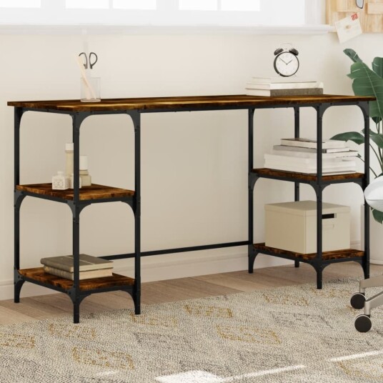  Skrivebord røkt eik 140x50x75 cm metall og konstruert tre