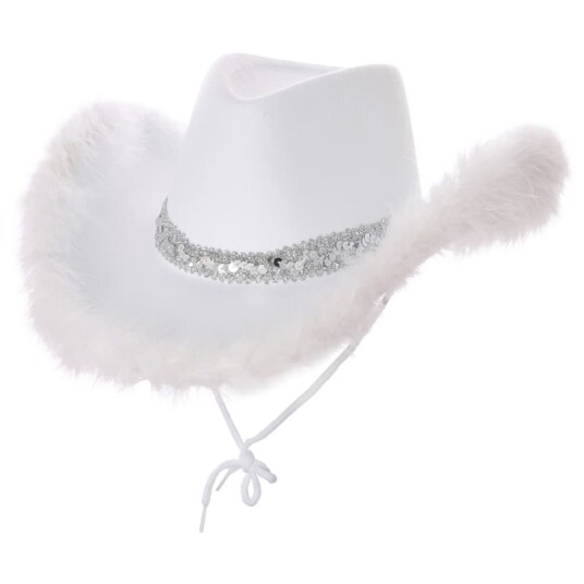 Wicked Costumes Ltd Hvit Cowboyhatt Texas Cowgirl med fjær
